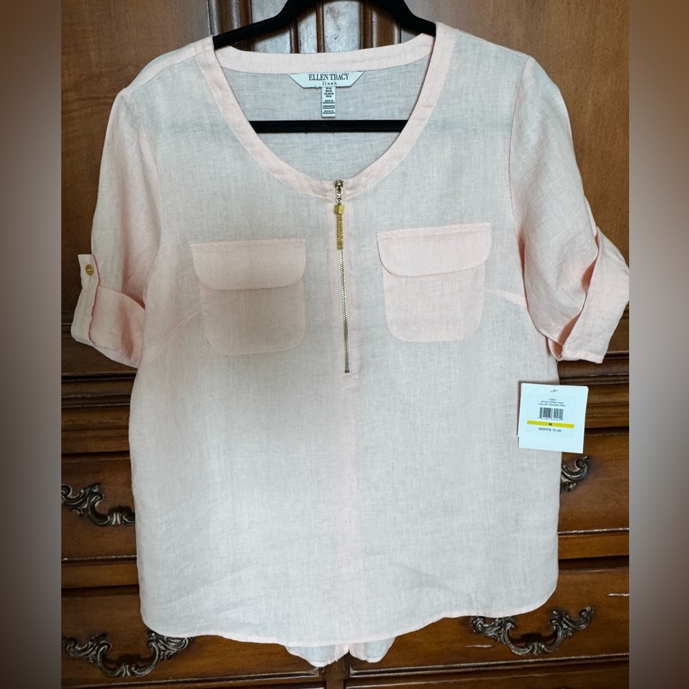 Ellen Tracy Washable Linen Blush Pink Top with Gold Zipper